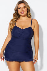 Dark Blue Twist Front Sweetheart Neckline Ruffle Swimdress