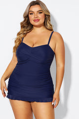 Dark Blue Twist Front Sweetheart Neckline Ruffle Swimdress