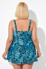 Blue Leaves Printed V-neck Women Swimdress