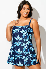 Blue Leaf Print Square Neckline Women Stylish Swimdress