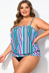 Women Stripe Bandeau Blouson Tankini Top