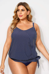 Navy Pindot Women Side Tie Round Neck Tankini Top