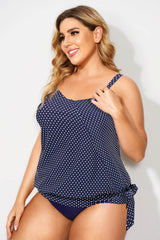 Navy Pindot Women Side Tie Round Neck Tankini Top
