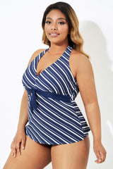 Blue & White Stripe Self-tie Halter Straps Tankini Top