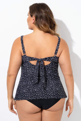 Black Wide Straps Tie-back White Speckle Tankini Top