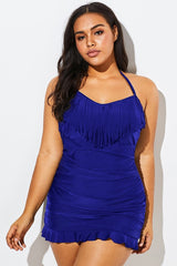 Navy Halter Fringe Ruffle Hem Bandeau Swimdress