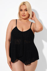 Black Handkerchief Crochet V-Neck Tankini Top
