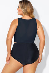 Plus Size Solid Black Knotted Crop Bikini Top