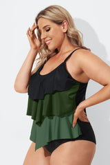 Colorblock Contrast Ruffle Layered Hem Tankini Top
