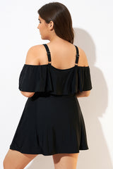 Solid Black Adjustable Straps Women Swimdress