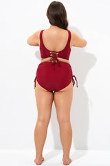 Red Drawstring Side High Waisted Bikini Bottom