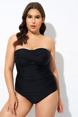 Plain Black Twist Front Bandeau One Piece Swimsuit