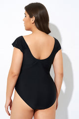Black Mesh Cap Sleeve Cut Out One Piece Swimsuit