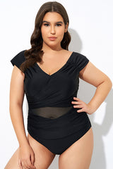 Black Mesh Cap Sleeve Cut Out One Piece Swimsuit