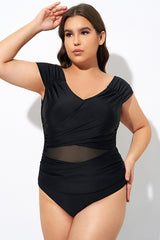 Black Mesh Cap Sleeve Cut Out One Piece Swimsuit