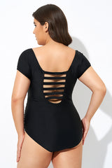 Elegant Solid Black Ladder Back One Piece Swimsuit