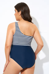 Blue and White Stripe One Shoulder One Piece Swimsuit