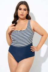 Blue and White Stripe One Shoulder One Piece Swimsuit