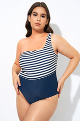 Blue and White Stripe One Shoulder One Piece Swimsuit