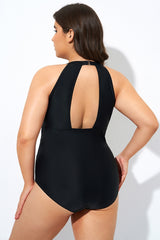Black High Neck Plunge Mesh Cutout One Piece Swimsuit