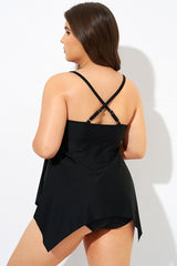 Black Front Tie Flowy Cross Back Tankini Top