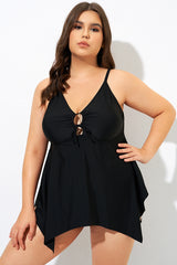 Black Front Tie Flowy Cross Back Tankini Top