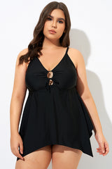 Black Front Tie Flowy Cross Back Tankini Top