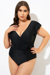 Black Short Sleeve Waist Tie One Piece Swimsuit