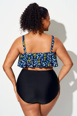 Colorful Leaf Print Crew Neck Ruffled Bikini Top