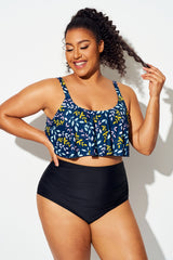 Colorful Leaf Print Crew Neck Ruffled Bikini Top