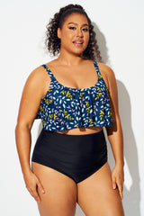 Colorful Leaf Print Crew Neck Ruffled Bikini Top