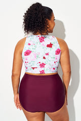 Wine Red Floral Print Knotted Crop Bikini Top