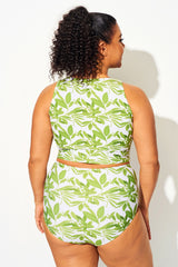 Plus Size Tropical Green Knotted Crop Bikini Top