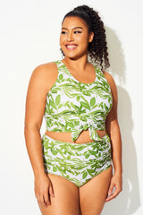 Plus Size Tropical Green Knotted Crop Bikini Top