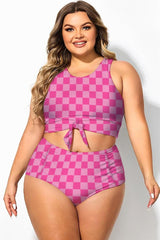 Plus Size Pink Check Knotted Crop Bikini Top