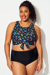 Plus Size Blue & Orange Floral Knotted Crop Bikini Top