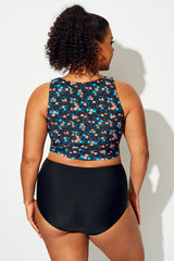 Plus Size Blue & Orange Floral Knotted Crop Bikini Top