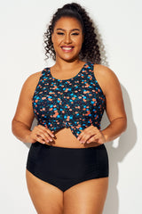 Plus Size Blue & Orange Floral Knotted Crop Bikini Top