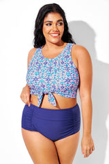 Blue And Pink Floral Print Twist Bikini Top