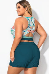 Plus Size Round Neck Mint Green Patchwork Bikini Top
