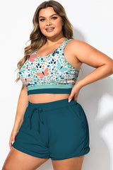 Plus Size Round Neck Mint Green Patchwork Bikini Top