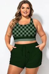 Round Neck Green Check Patchwork Bikini Top