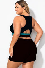Plus Size Round Neck Lake Green Patchwork Bikini Top
