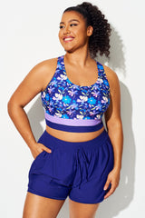 Plus Size Round Neck Purple Floral Patchwork Bikini Top