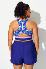 Plus Size Round Neck Purple Floral Patchwork Bikini Top