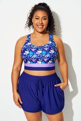 Plus Size Round Neck Purple Floral Patchwork Bikini Top
