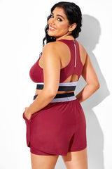 Plus Size Round Neck Dark Red Patchwork Bikini Top