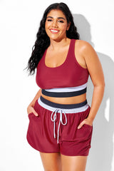 Plus Size Round Neck Dark Red Patchwork Bikini Top