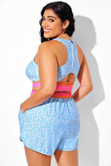 Blue Floral Round Neck Patchwork Bikini Top