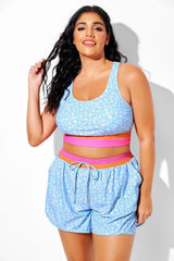 Blue Floral Round Neck Patchwork Bikini Top